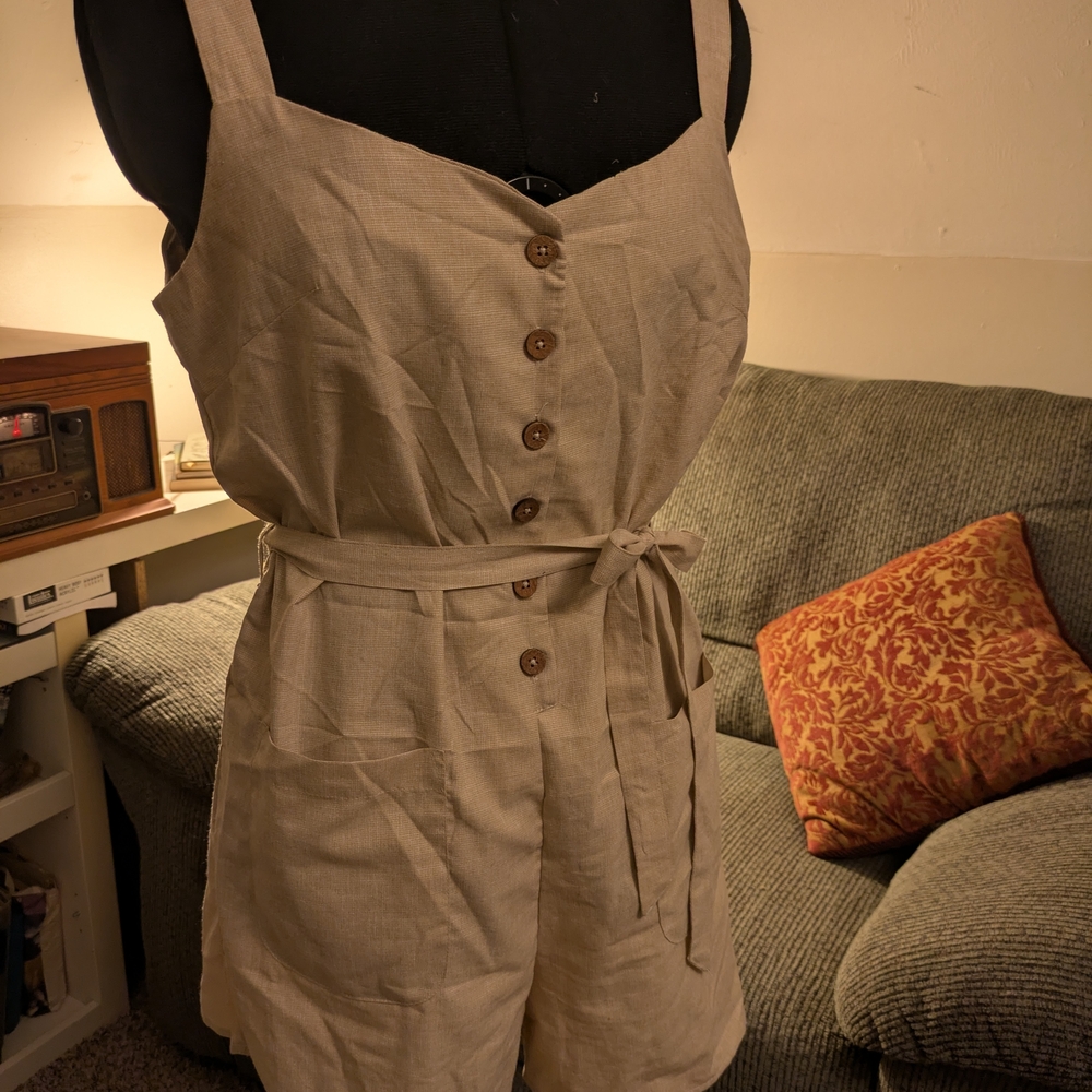 Derek Heart Taupe Button-Front Linen Romper with Waist Tie